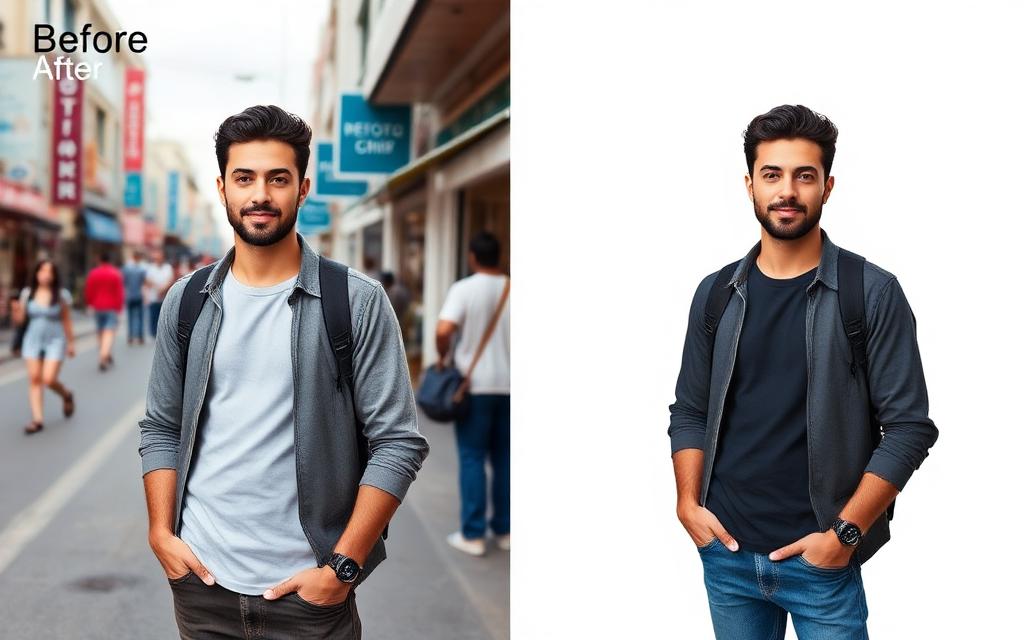 AI-generated example result for the background-removal prompt: Remove background from a person portrait