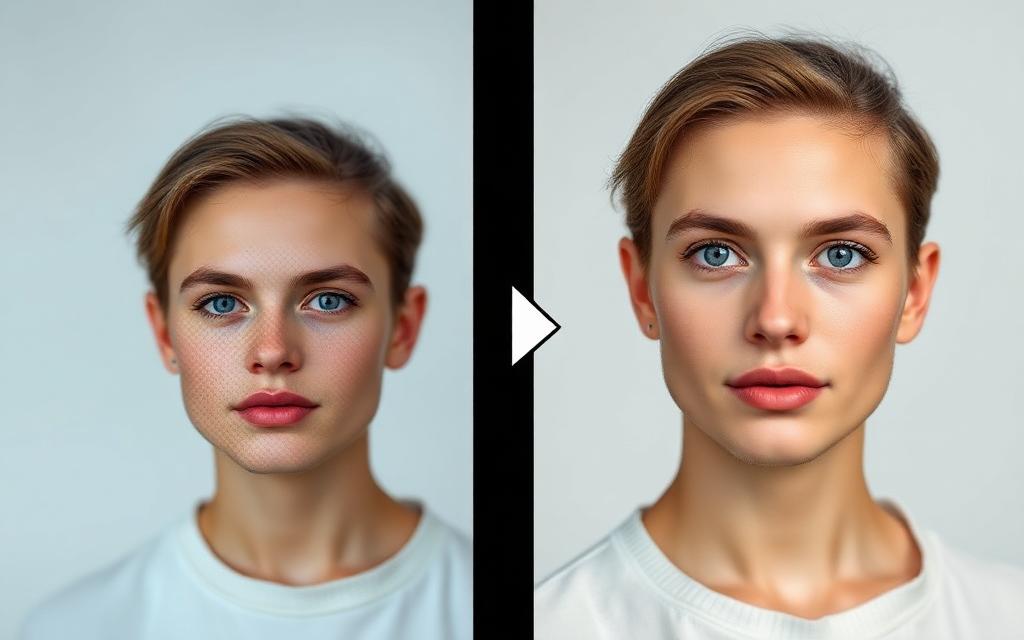 AI-generated example result for the upscaling prompt: Upscale a low-res portrait to 4K